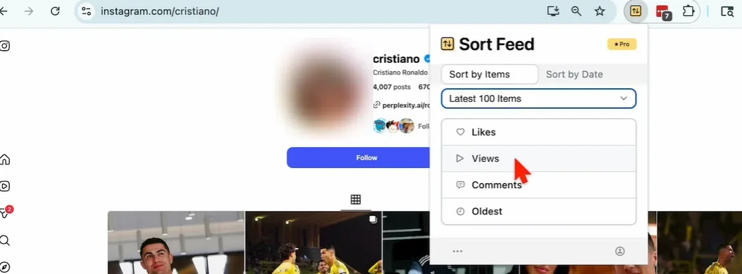 Sort Feed for Instagram open on an Instagram profile, with the sort panel over the post grid