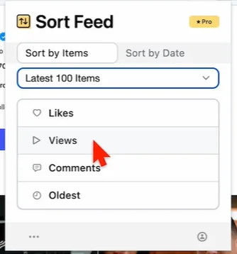 Sort Feed sort menu close-up: Sort by Items and Sort by Date tabs, range selector, and likes, views, comments, oldest options